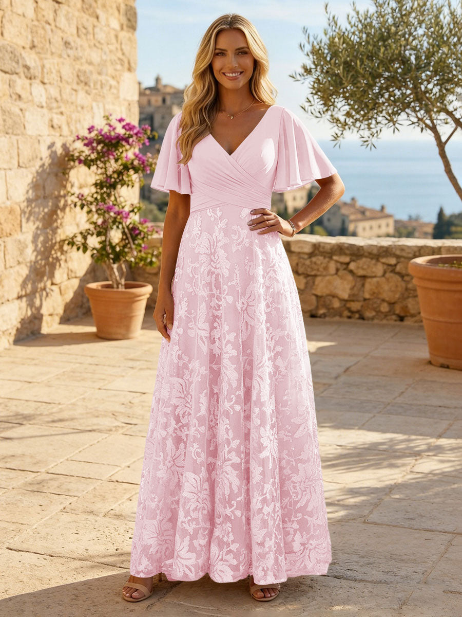 A-Line Lace Appliques Maxi Mother of the Bride & Groom Dresses with Flutter Sleeves Chiffon Bodice (SHI22500731)