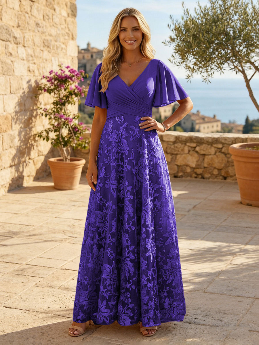 A-Line Lace Appliques Maxi Mother of the Bride & Groom Dresses with Flutter Sleeves Chiffon Bodice (SHI22500731)