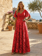 A-Line Lace Appliques Maxi Mother of the Bride & Groom Dresses with Flutter Sleeves Chiffon Bodice (SHI22500731)