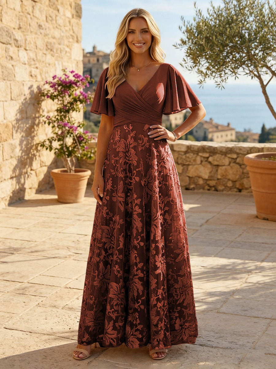 A-Line Lace Appliques Maxi Mother of the Bride & Groom Dresses with Flutter Sleeves Chiffon Bodice (SHI22500731)