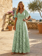 A-Line Lace Appliques Maxi Mother of the Bride & Groom Dresses with Flutter Sleeves Chiffon Bodice (SHI22500731)