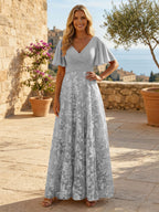 A-Line Lace Appliques Maxi Mother of the Bride & Groom Dresses with Flutter Sleeves Chiffon Bodice (SHI22500731)