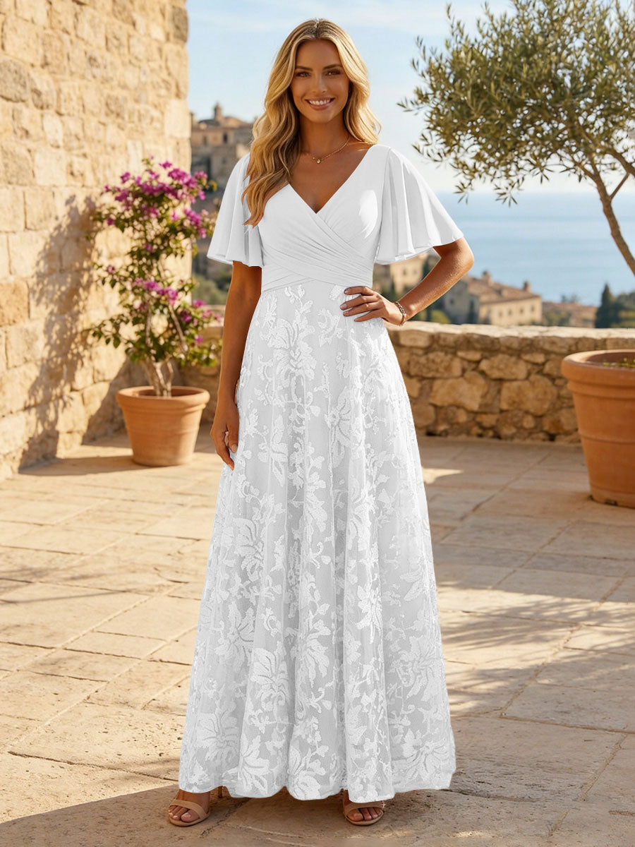 A-Line Lace Appliques Maxi Mother of the Bride & Groom Dresses with Flutter Sleeves Chiffon Bodice (SHI22500731)