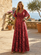 A-Line Lace Appliques Maxi Mother of the Bride & Groom Dresses with Flutter Sleeves Chiffon Bodice (SHI22500731)