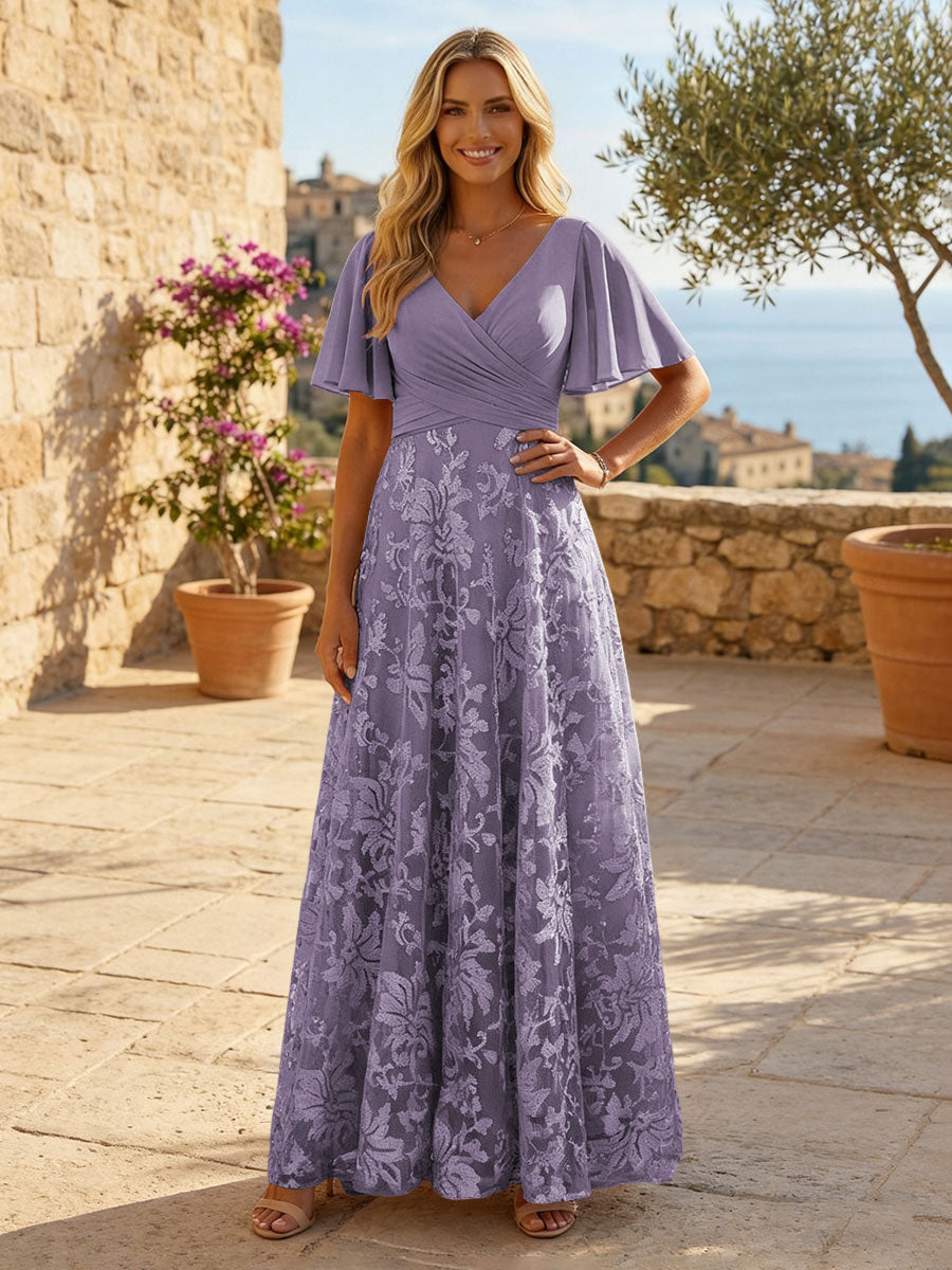 A-Line Lace Appliques Maxi Mother of the Bride & Groom Dresses with Flutter Sleeves Chiffon Bodice (SHI22500731)