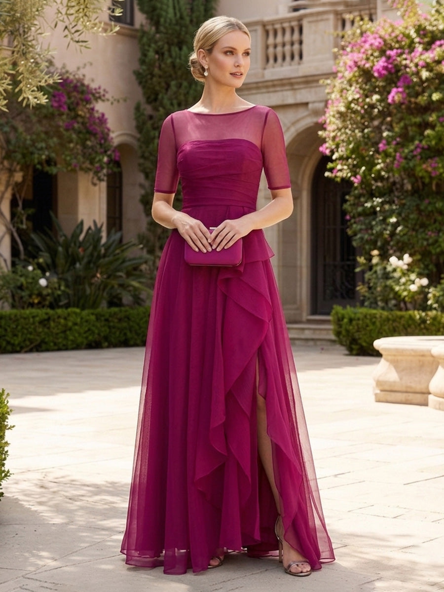 Elegant A-Line Chiffon Flutter Short Sleeves Pleated Mother of the Bride & Groom Dresses with Ruched Waist (SHI22500687)