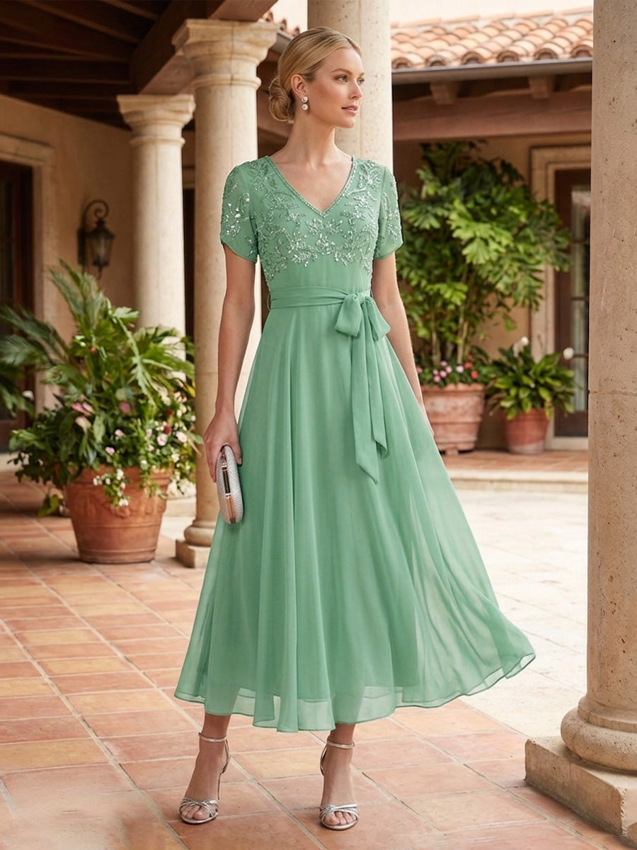 Chiffon A-Line/Princess V-Neck Tea-Length Mother of the Bride & Groom Dresses with Pleats (SHI22501352)