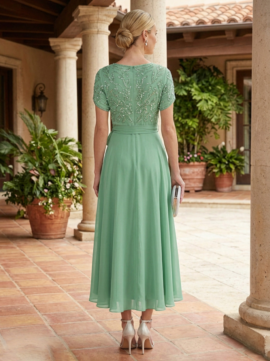 Chiffon A-Line/Princess V-Neck Tea-Length Mother of the Bride & Groom Dresses with Pleats (SHI22501352)