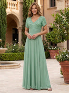 A-Line/Princess Pleated Two-Piece Tea-Length Mother of the Bride Dresses with Cascading Ruffles (SHI22500054)