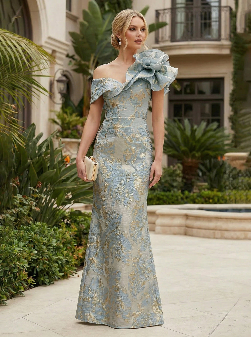 Sheath Floral Jacquard Off Shoulder Mother of the Bride & Groom Dresses with Flower (SHI22500777)