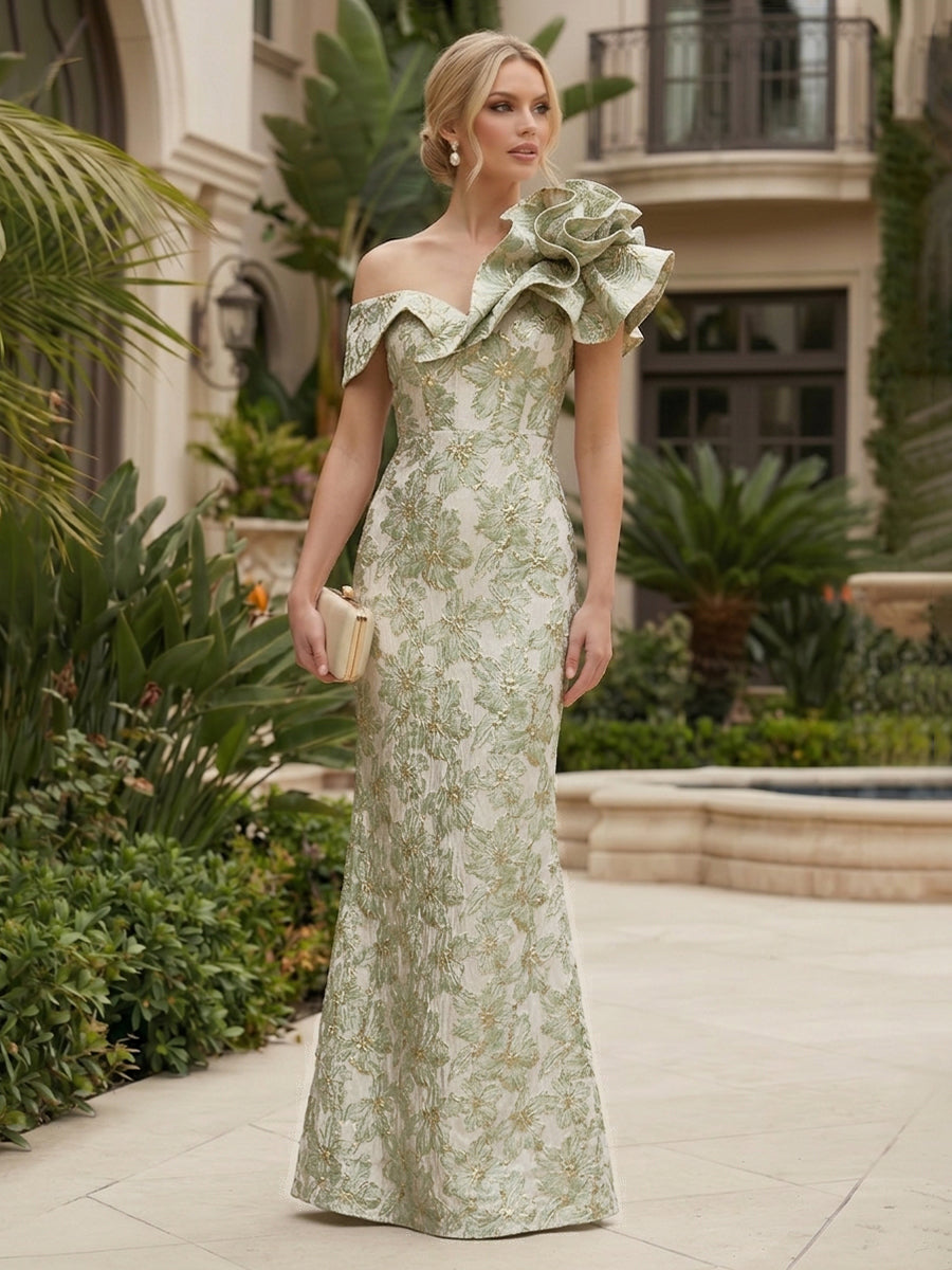 Sheath Floral Jacquard Off Shoulder Mother of the Bride & Groom Dresses with Flower (SHI22500777)