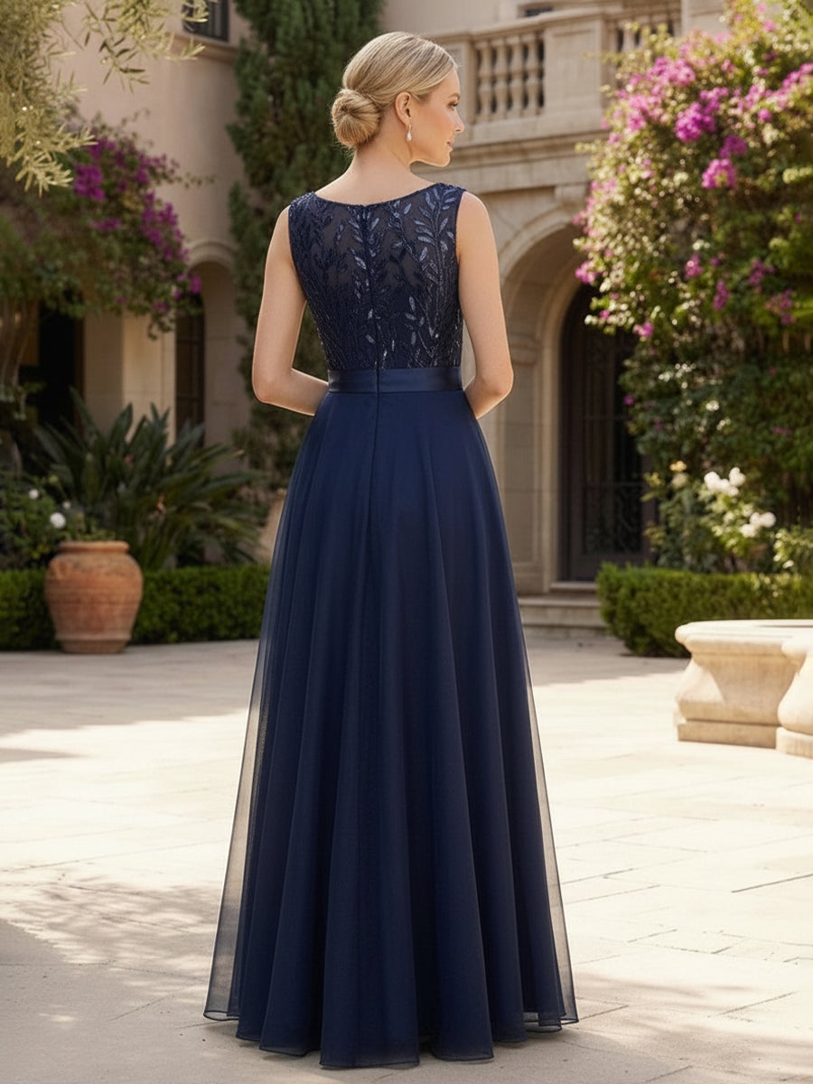 Tulle A-Line Maxi Mother of the Bride & Groom Dresses with Sequin Embroidery Bodice (SHI22500783)