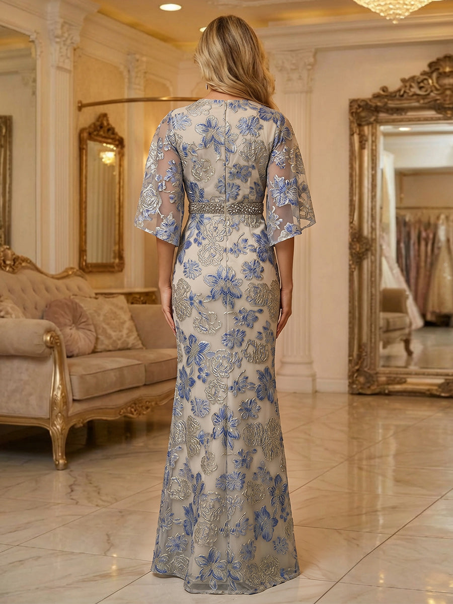 Jacquard Sheath/Column 3/4 Sleeves Floor-Length Mother of the Bride & Groom Dresses with Ruched Waist & Rhinestones (SHI22500801)