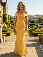 Sheath Silk Off Shoulder Ruched Maxi Mother of the Bride & Groom Dresses (SHI22500808)