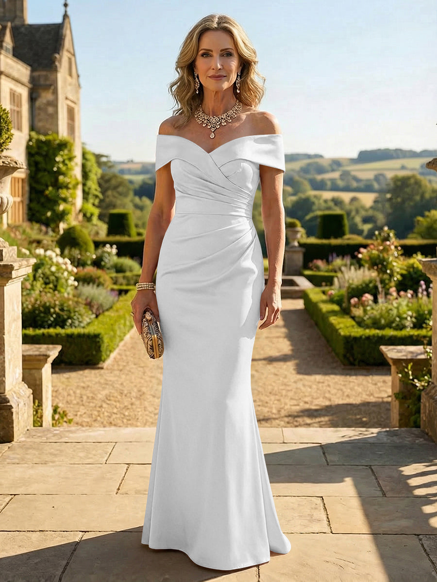 Sheath Silk Off Shoulder Ruched Maxi Mother of the Bride & Groom Dresses (SHI22500808)