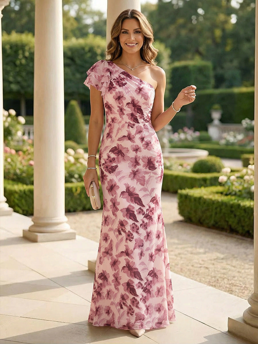 Lace Sheath/Column One Shoulder Floor-Length Mother of the Bride & Groom Dresses with Ruched Waist (SHI22500892)