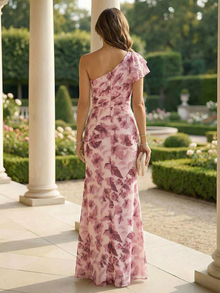 Lace Sheath/Column One Shoulder Floor-Length Mother of the Bride & Groom Dresses with Ruched Waist (SHI22500892)