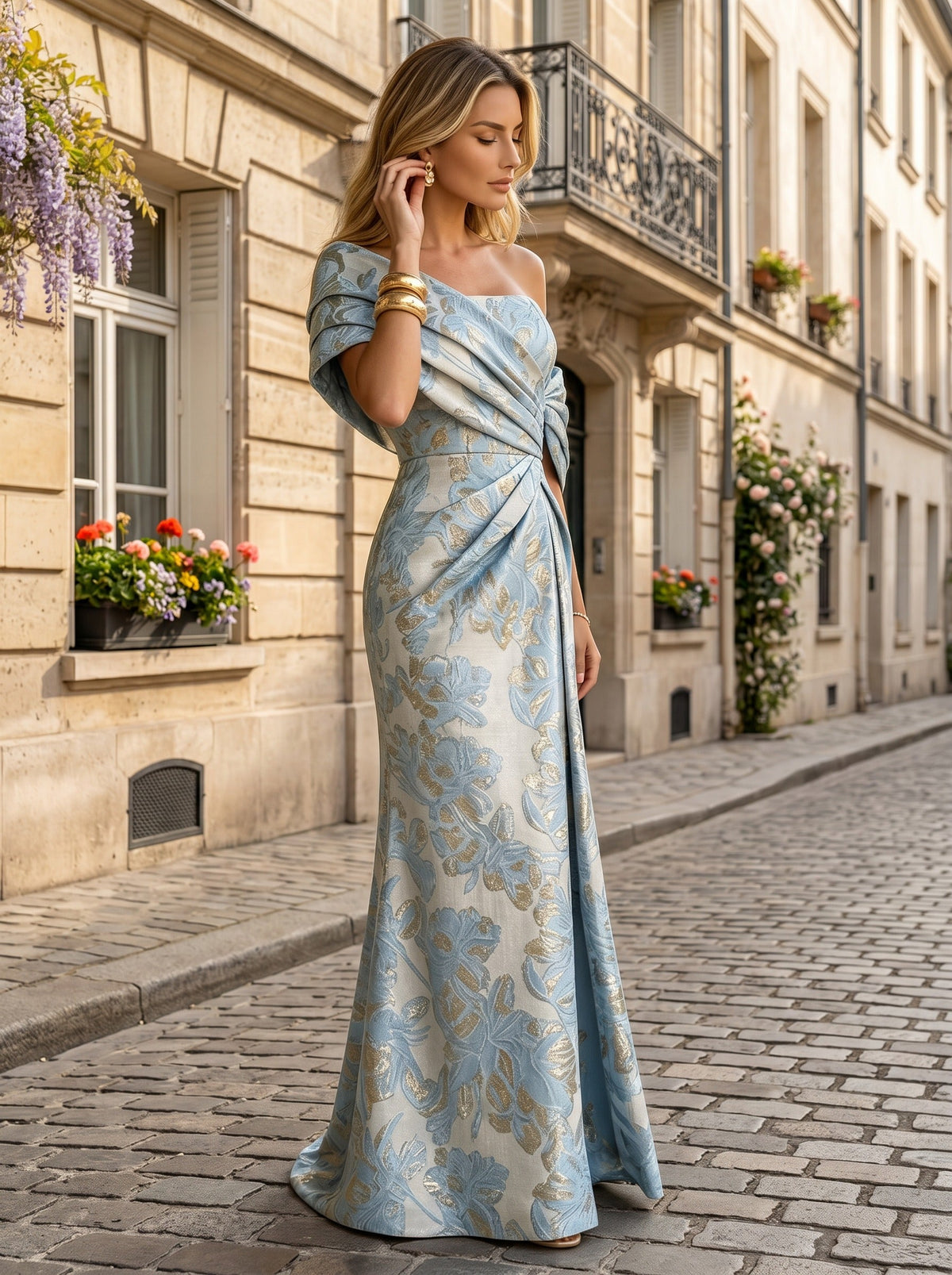 Sheath Satin Jacquard Off Shoulder Floor-Length Mother of the Bride & Groom Dresses (SHI22500823)