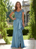 Satin Sheath/Column V-Neck Floor-Length Mother of the Bride & Groom Dresses with Ruffles (SHI22500838)