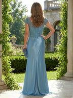 Satin Sheath/Column V-Neck Floor-Length Mother of the Bride & Groom Dresses with Ruffles (SHI22500838)