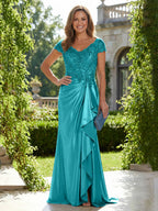 Satin Sheath/Column V-Neck Floor-Length Mother of the Bride & Groom Dresses with Ruffles (SHI22500838)
