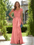 Satin Sheath/Column V-Neck Floor-Length Mother of the Bride & Groom Dresses with Ruffles (SHI22500838)
