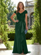 Satin Sheath/Column V-Neck Floor-Length Mother of the Bride & Groom Dresses with Ruffles (SHI22500838)