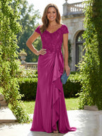 Satin Sheath/Column V-Neck Floor-Length Mother of the Bride & Groom Dresses with Ruffles (SHI22500838)