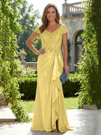 Satin Sheath/Column V-Neck Floor-Length Mother of the Bride & Groom Dresses with Ruffles (SHI22500838)