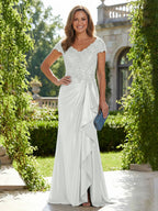 Satin Sheath/Column V-Neck Floor-Length Mother of the Bride & Groom Dresses with Ruffles (SHI22500838)