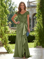 Satin Sheath/Column V-Neck Floor-Length Mother of the Bride & Groom Dresses with Ruffles (SHI22500838)