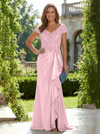 Satin Sheath/Column V-Neck Floor-Length Mother of the Bride & Groom Dresses with Ruffles (SHI22500838)