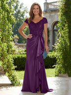 Satin Sheath/Column V-Neck Floor-Length Mother of the Bride & Groom Dresses with Ruffles (SHI22500838)