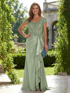 Satin Sheath/Column V-Neck Floor-Length Mother of the Bride & Groom Dresses with Ruffles (SHI22500838)