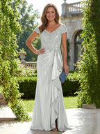 Satin Sheath/Column V-Neck Floor-Length Mother of the Bride & Groom Dresses with Ruffles (SHI22500838)
