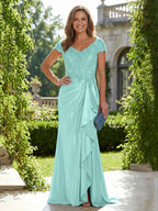 Satin Sheath/Column V-Neck Floor-Length Mother of the Bride & Groom Dresses with Ruffles (SHI22500838)