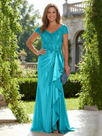 Satin Sheath/Column V-Neck Floor-Length Mother of the Bride & Groom Dresses with Ruffles (SHI22500838)