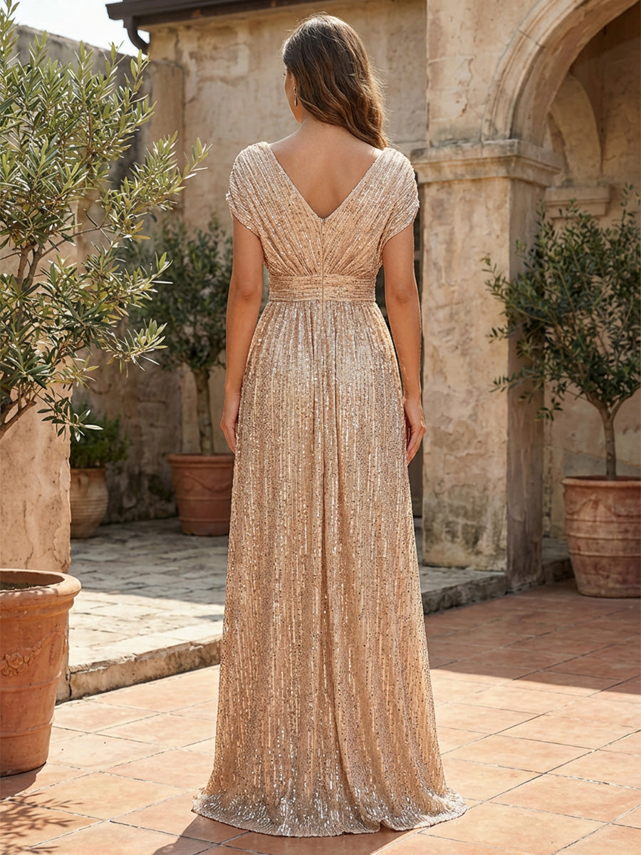 Sequin Floral A-Line/Princess V-Neck Floor-Length Mother of the Bride & Groom Dresses with 3D Flowers & Pleats (SHI22501348)