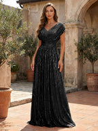 Sequin A-Line/Princess V-Neck Floor-Length Mother of the Bride & Groom Dresses with Ruched Waist (SHI22500858)