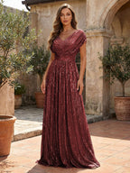 Sequin A-Line/Princess V-Neck Floor-Length Mother of the Bride & Groom Dresses with Ruched Waist (SHI22500858)