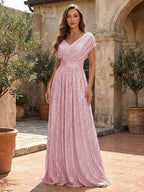 Sequin A-Line/Princess V-Neck Floor-Length Mother of the Bride & Groom Dresses with Ruched Waist (SHI22500858)