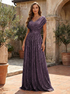 Sequin A-Line/Princess V-Neck Floor-Length Mother of the Bride & Groom Dresses with Ruched Waist (SHI22500858)