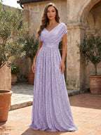 Sequin A-Line/Princess V-Neck Floor-Length Mother of the Bride & Groom Dresses with Ruched Waist (SHI22500858)