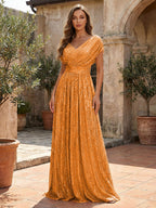 Sequin A-Line/Princess V-Neck Floor-Length Mother of the Bride & Groom Dresses with Ruched Waist (SHI22500858)