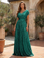 Sequin A-Line/Princess V-Neck Floor-Length Mother of the Bride & Groom Dresses with Ruched Waist (SHI22500858)