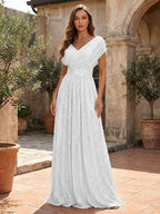 Sequin A-Line/Princess V-Neck Floor-Length Mother of the Bride & Groom Dresses with Ruched Waist (SHI22500858)