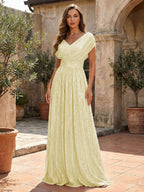 Sequin A-Line/Princess V-Neck Floor-Length Mother of the Bride & Groom Dresses with Ruched Waist (SHI22500858)