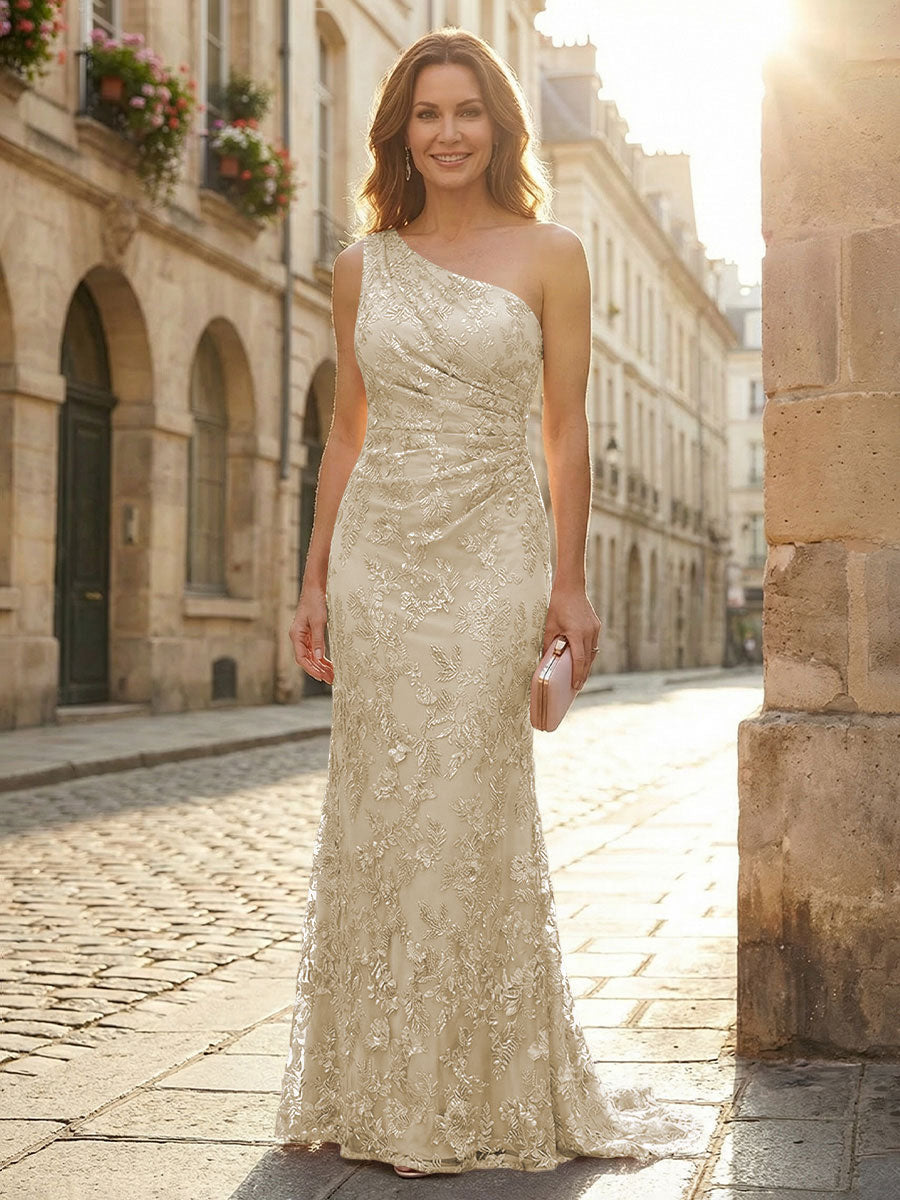 Lace Sheath/Column One Shoulder Floor-Length Mother of the Bride & Groom Dresses with Ruched Waist (SHI22500892)