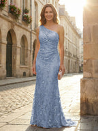 Lace Sheath/Column One Shoulder Floor-Length Mother of the Bride & Groom Dresses with Ruched Waist (SHI22500892)