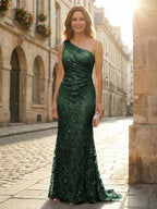 Lace Sheath/Column One Shoulder Floor-Length Mother of the Bride & Groom Dresses with Ruched Waist (SHI22500892)